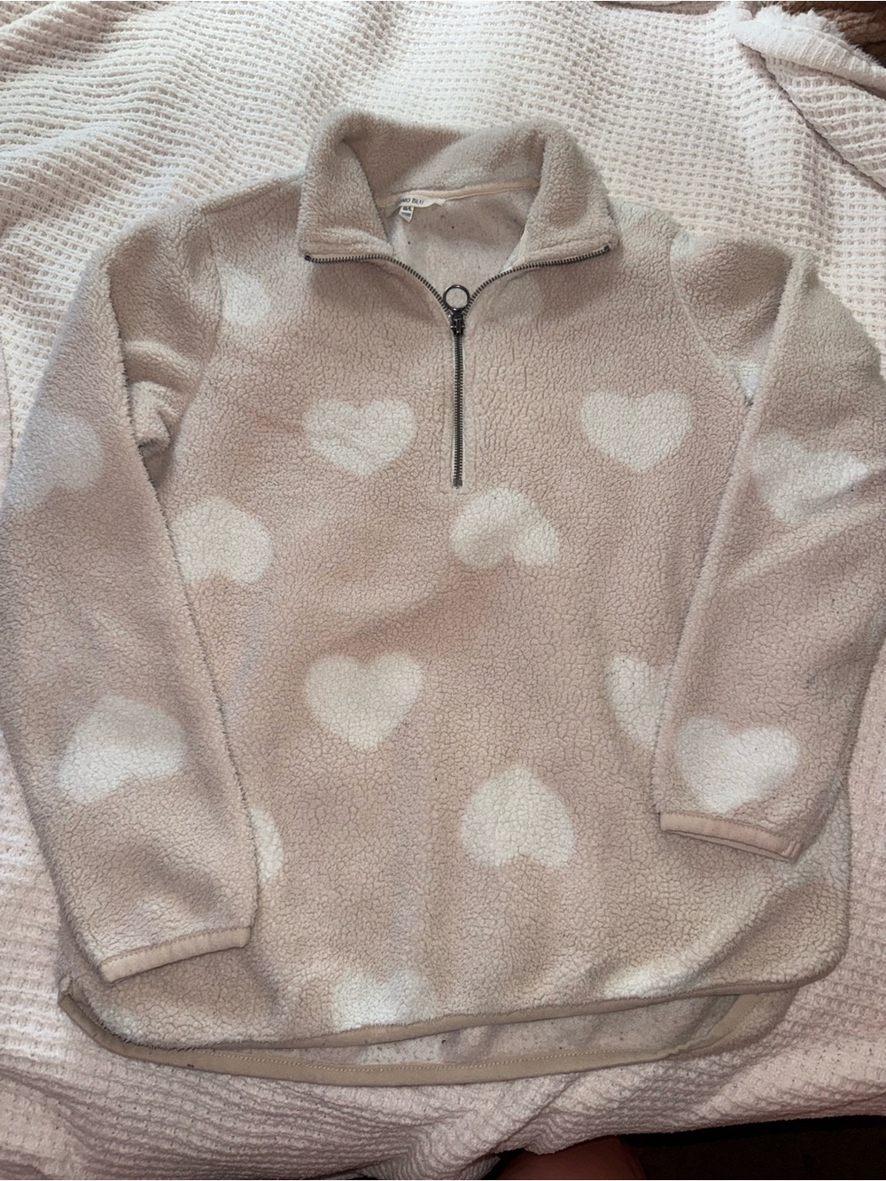 Quarter-Zip Teddy Fleece Pullover Jacket - Cream with White Hearts